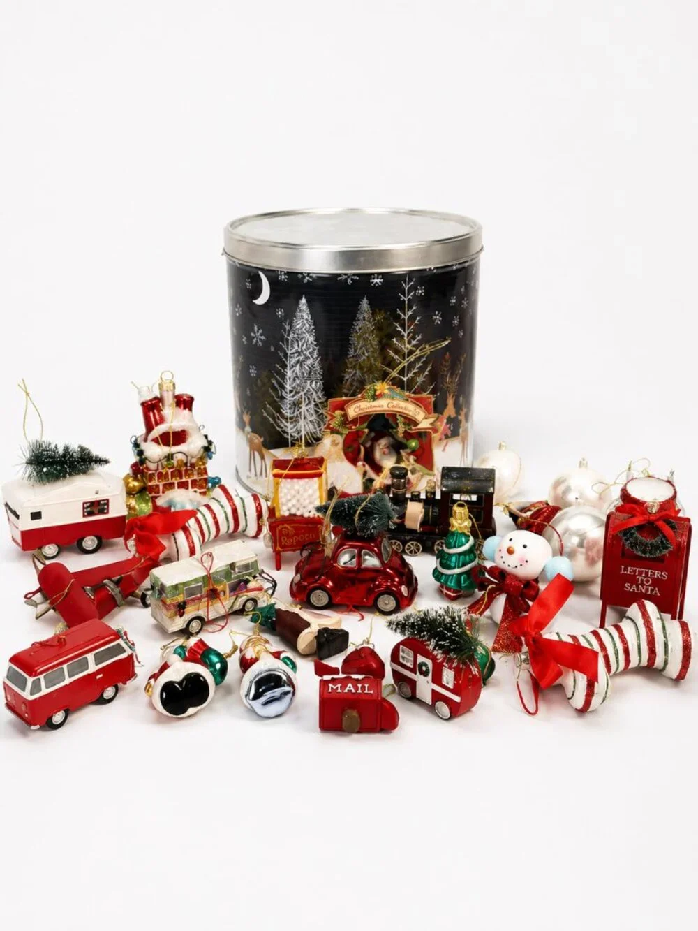Vintage Style Christmas Ornament Lot w/ Decorative Storage Tin